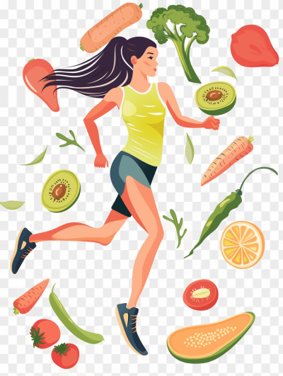 A woman is running, surrounded vegetables and fruits in a vector illustration on a transparent background.