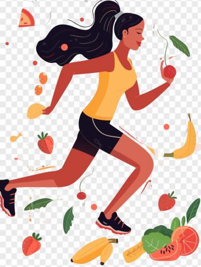 A woman running with fruits and vegetables vector illustration on transparent background, simple flat design, minimalistic style, digital art, 2d cartoon game art, high resolution, high contrast, bright colors, flat color illustrations, simple shapes, high quality, high detail, sharp focus, high resolution, high quality, high details, perfect shading, photorealistic, hyperrealism, octane rendering, isolated white background