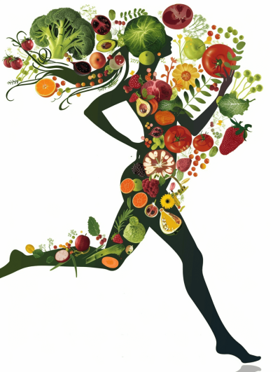 An illustration of the silhouette of an athletic woman running, filled with various fruits and vegetables, against a white background. The figure is depicted in profile view, showcasing her toned physique. Fruits such as apples, oranges, grapes, pears, strawberries, and peaches fill out parts like hair or . A mix of green broccoli heads surround the body from behind while red cherry pieces cover one leg to add color. This design captures energy and vitality through natural elements in the style of a minimalist artwork.