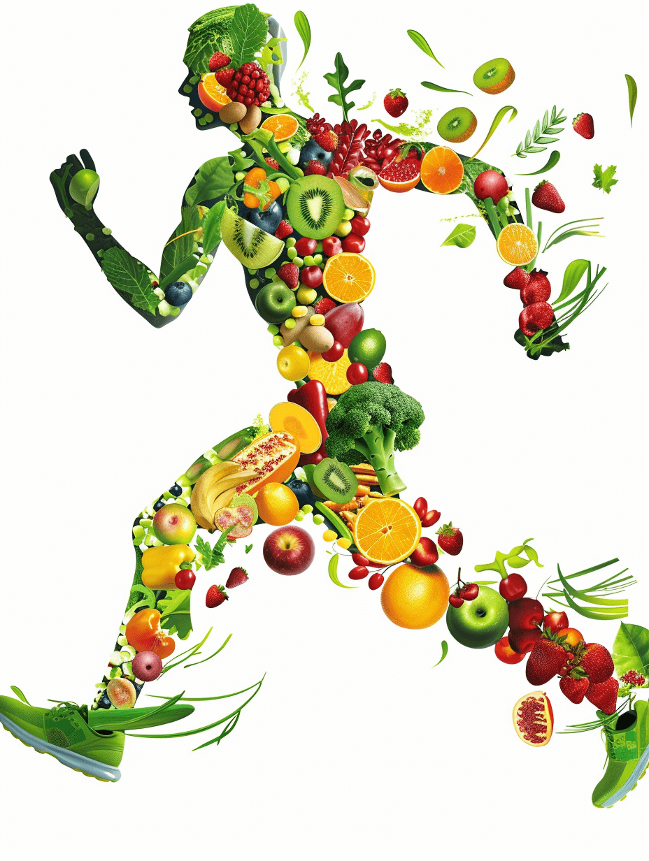 Vibrant illustration of an athlete made entirely out of fruits and vegetables, in a running pose, against a white background, depicting a concept of a healthy lifestyle, with high detail.