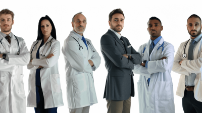 6 male and female doctors standing side by side, wearing white coats with arms crossed in front of them on an isolated background, in the style of professional photography, in the style of professional lighting,