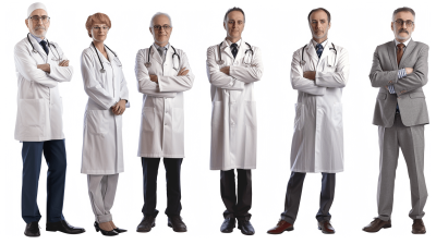 Photo of various aged and gendered doctors standing in front view with arms crossed on a white background, in the photorealistic style of hyperrealism with a full body shot at high resolution. The photography captures insanely fine details in an isolated plain with professional color grading, like an award winning stock photo with white space around the people.