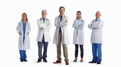 Full body portrait of five doctors standing with arms crossed, isolated on a white background, in a photorealistic, ultra realistic style, with a cinematic composition, high detail cinematic style, high resolution photography, hyperrealistic style, with professional photo lighting, professional color grading, on a white studio background.