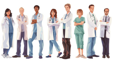 A group of doctors, both male and female, depicted in different poses in the vector illustration style against a white background with a flat design at a high resolution and with high details but no shadows. The image has high quality, high definition, and high contrast in the professional photography style with professional lighting and professional color grading captured with a wide angle lens as a full body shot with a full frame camera.