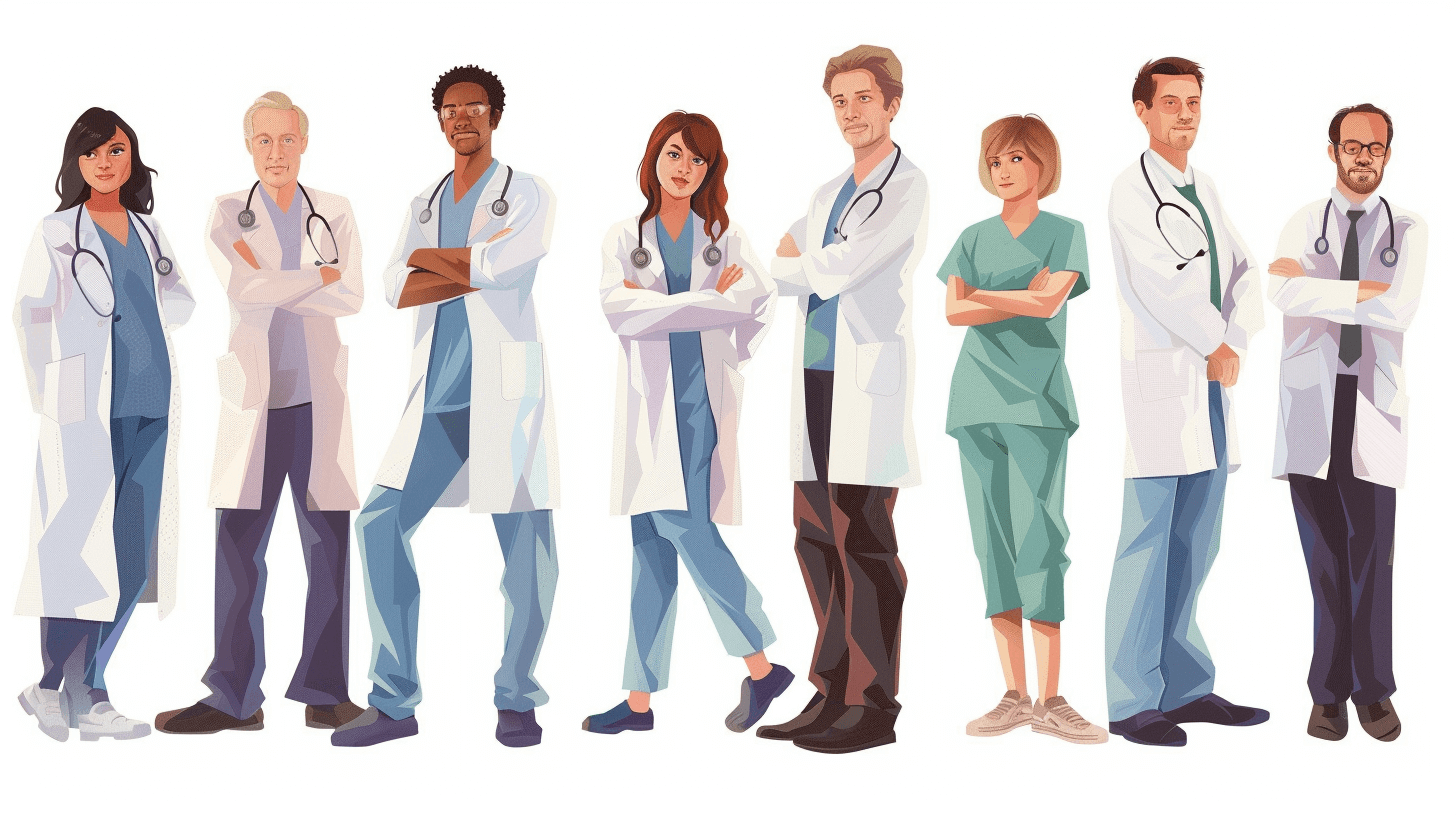 A group of doctors, both male and female, depicted in different poses in the vector illustration style against a white background with a flat design at a high resolution and with high details but no shadows. The image has high quality, high definition, and high contrast in the professional photography style with professional lighting and professional color grading captured with a wide angle lens as a full body shot with a full frame camera.