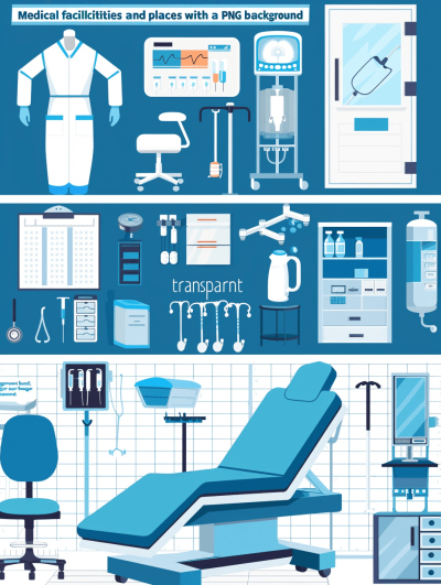 The medical facility and places with equipment have a blue color flat vector background "clip art set" in PNG format with a transparent, white outline border. The graphic design is professionally made with high resolution vector images in the style of various artists.