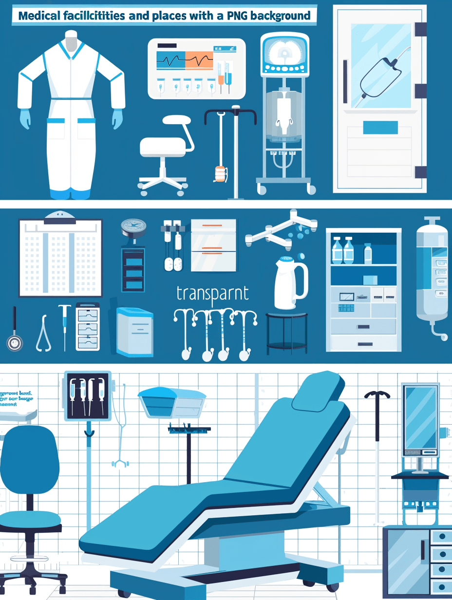 The medical facility and places with equipment have a blue color flat vector background “clip art set” in PNG format with a transparent, white outline border. The graphic design is professionally made with high resolution vector images in the style of various artists.