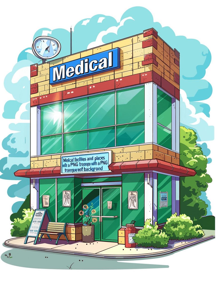 A medical facility with glass windows and a sign that says “medical buildings and places”, in the style of a cartoon, with a transparent background and no text or images in the background. The design style is vector with no shadows and uses colorful elements.