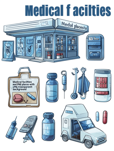 Medical facility icons in the vector style with a transparent background, including the words "STARFloor medNick place", featuring various health care elements such as clinic exterior and interior scenes, medical equipment like IV bags or gloves, cars in emergency vehicles, various fantasy cartoon characters for kids playing games. The color scheme should be blue tones to symbolize precision in the coloring in the style of medical facilities.