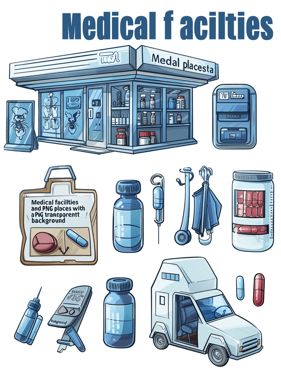 Medical facility icons in the vector style with a transparent background, including the words “STARFloor medNick place”, featuring various health care elements such as clinic exterior and interior scenes, medical equipment like IV bags or gloves, cars in emergency vehicles, various fantasy cartoon characters for kids playing games. The color scheme should be blue tones to symbolize precision in the coloring in the style of medical facilities.