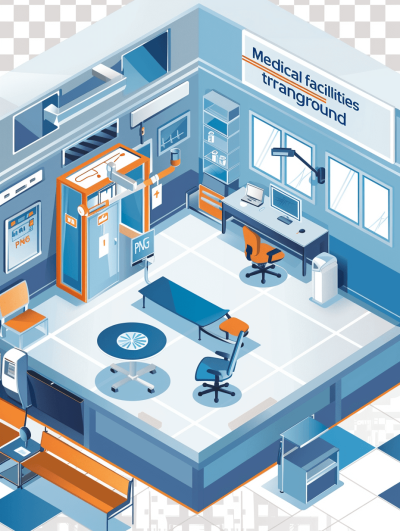 Affordable housing design of the interior in an urban environment. It includes patient rooms with a medical facility background featuring an isometric, light blue and orange color palette, transparent png with rough edges, high contrast, vector art style, detailed, high resolution, high detail, 3D rendering at a 45 degree angle. There should be carpeting on some floors to make them look more comfortable. The background features windows, doors, chairs, desks, computer monitors, and medical equipment in the style of a casino game.