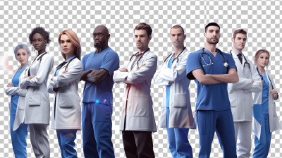 A group of medical professionals standing together, isolated on a transparent background in PNG file sticker format. In the style of unreal engine.