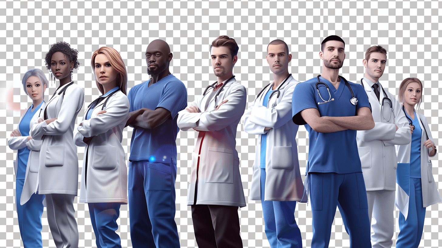 A group of medical professionals standing together, isolated on a transparent background in PNG file sticker format. In the style of unreal engine.