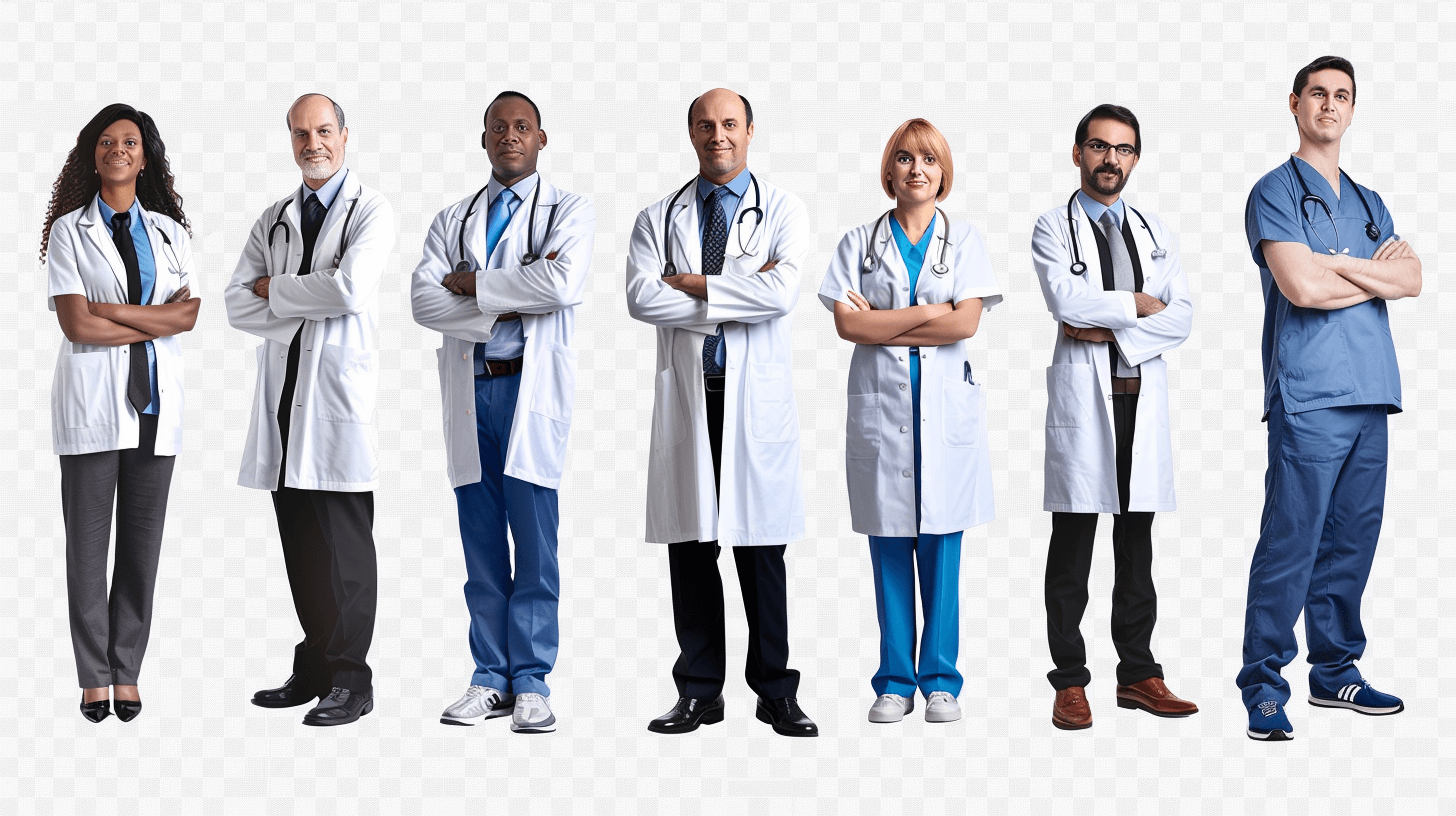 A diverse group of male and female doctors standing with arms crossed on a transparent background. The full body image is in the style of a PNG file.