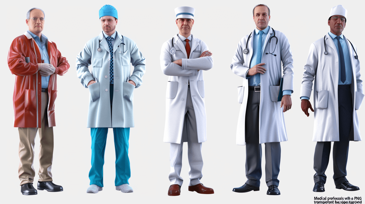 5 different male doctors, wearing white coats and lab coats, of different ages and body shapes, full bodies, isolated on solid color backgrounds, with ultra realistic photography, ultra detailed, hyperrealistic styles in the style of octane render, high resolution photography, sharp focus, high details, natural lighting, soft shadows, high contrast, from a professional photoshoot, portrait photography, photorealism styles in the style of studio light, cinematic photography, 3d rendering, highly detailed, intricate details, high definition, high quality.