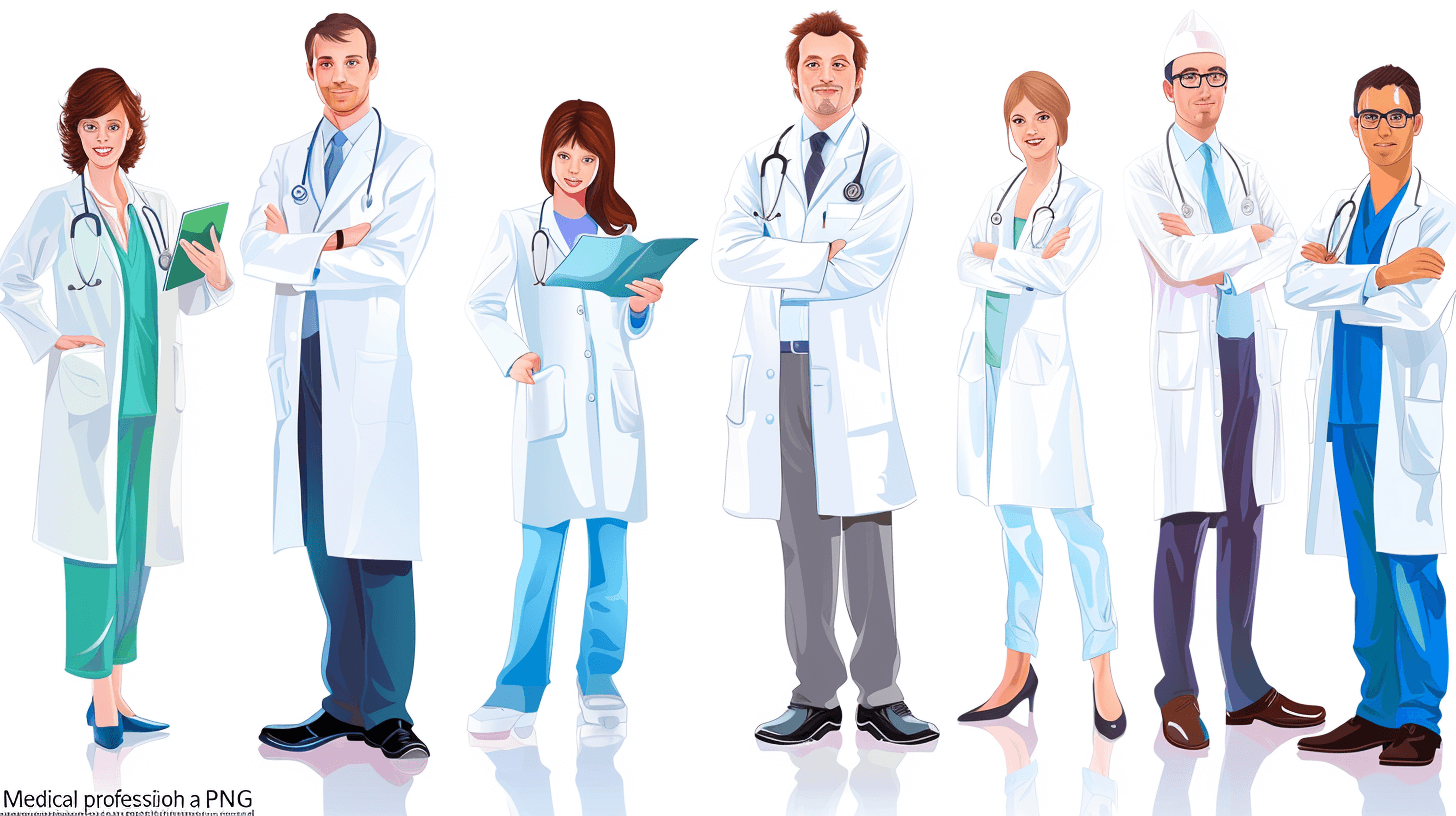 Vector illustration of medical profession people team in the style of vector, white background, detailed vector art, full body, png, white transparent background, high resolution photography, insanely sharp focus and deep texture details.