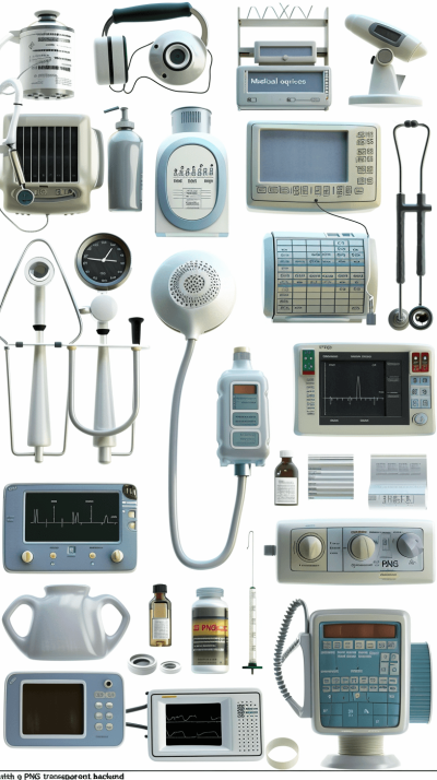 30 different medical equipment and instruments arranged in a grid on a white background in a transparent PNG file with cut out edges in the clip art style in the style of hyper realistic, high resolution, high quality, high detail professional photography with sharp focus taken with a full frame camera and depth of field under perfect lighting and studio light in a cinematic style at 5K resolution with sharp focus in the style of hyperrealistic and hyperdetailed and super detailed like a masterpiece top shot top view.