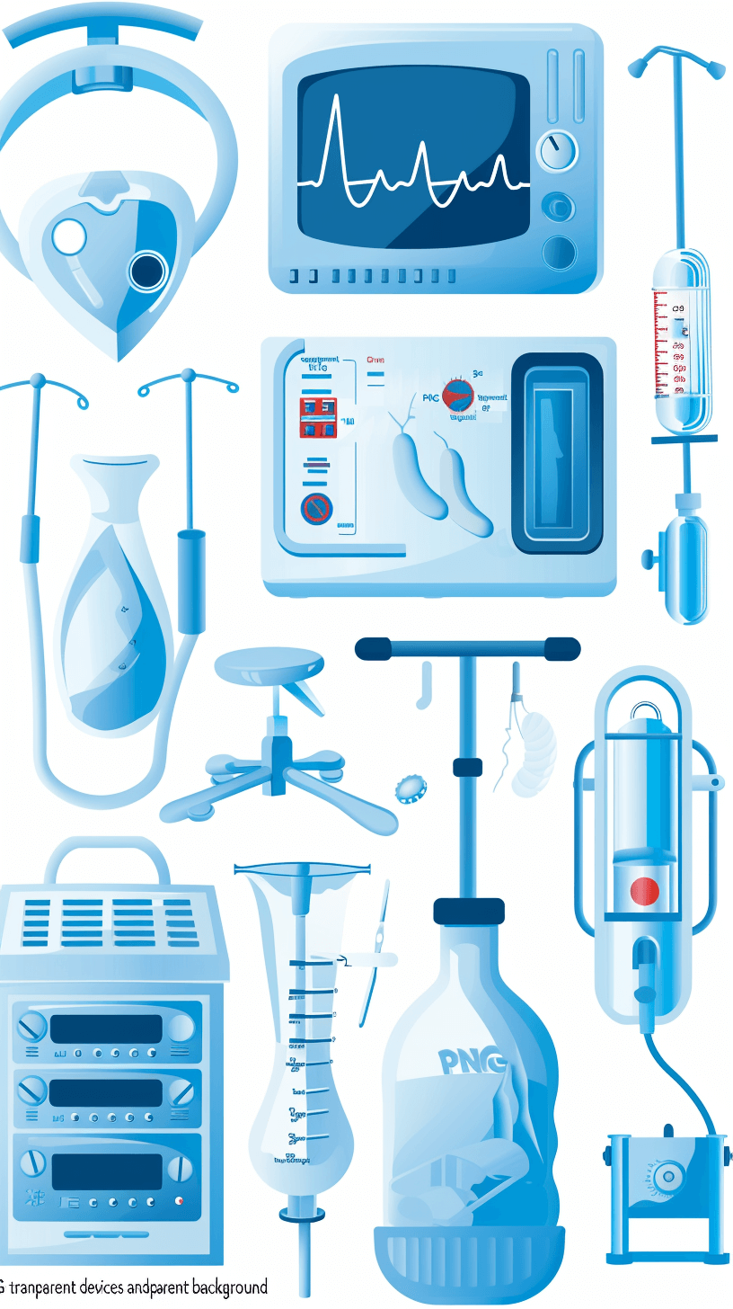 set of vector illustrations for medical equipment and devices in blue color, with a transparent background, in the style of various artists.