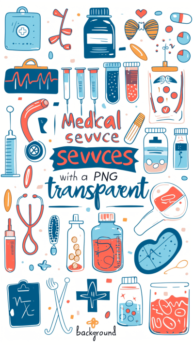 medical services with a transparent background, a vector illustration in the style of doodle, blue and red pastel colors, with the lettering "flooding service", with various health symbols such as a first aid kit, a stethoscope, a phillippe line drawing in the style of flat design, simple lines, isometric view, multiple layers of texturing, transparent png background.