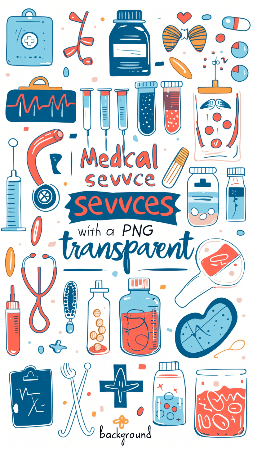 medical services with a transparent background, a vector illustration in the style of doodle, blue and red pastel colors, with the lettering “flooding service”, with various health symbols such as a first aid kit, a stethoscope, a phillippe line drawing in the style of flat design, simple lines, isometric view, multiple layers of texturing, transparent png background.