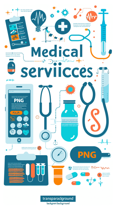 medical services, vector illustration with text "random service" and other elements on a transparent background, flat design using simple shapes and blue colors in a modern style, medical equipment icons in the corners of the pictures, a large inscription at the center saying "singular medicine" in big letters, minimalistic with vector graphics on a white background at a high resolution and professional quality.