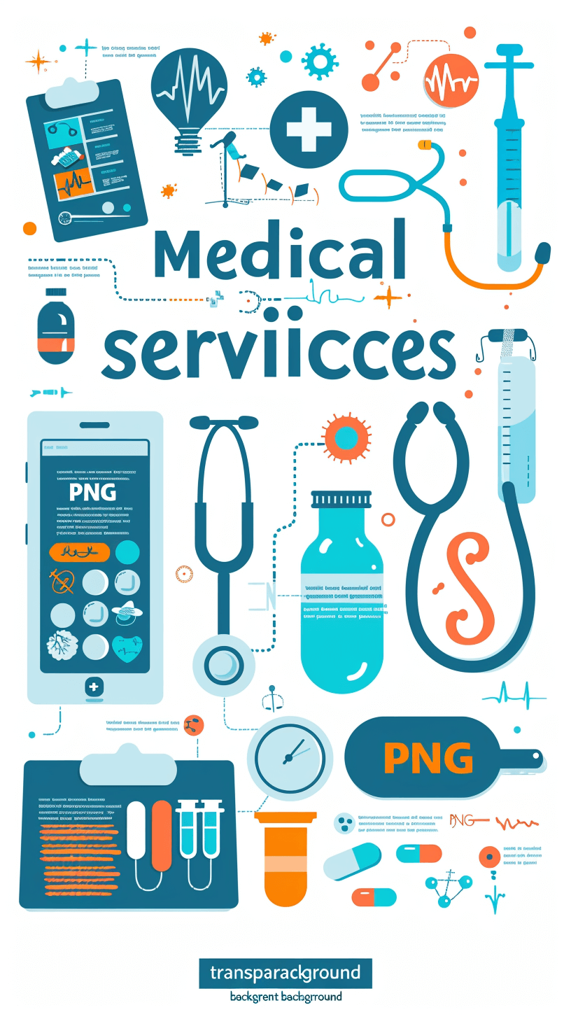 medical services, vector illustration with text “random service” and other elements on a transparent background, flat design using simple shapes and blue colors in a modern style, medical equipment icons in the corners of the pictures, a large inscription at the center saying “singular medicine” in big letters, minimalistic with vector graphics on a white background at a high resolution and professional quality.