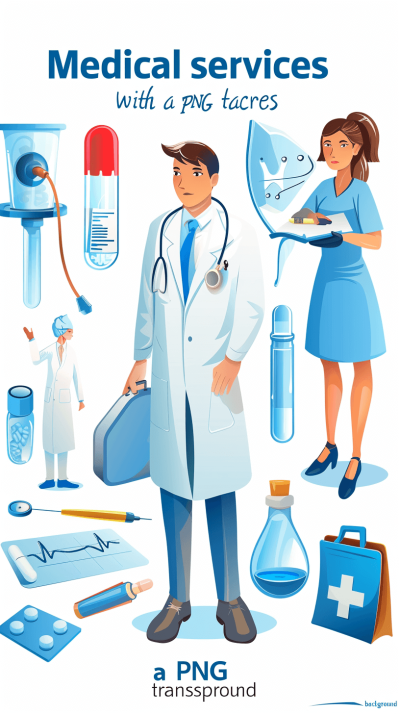 medical services with various equipment and people, "vector graphics, white background, clip art sticker style, png transparent or transalfred, professional doctor in the style of blue coat suit uniform standing among other elements such as first aid kit, gloves, test tube, stethoscope and IV bag with the text "ong exposure", "GOOD inundation background". A flat illustration in the style of adobe illustrator, 2D design, simple shapes, no shadow on bottom half. No gradient shading, flat color.