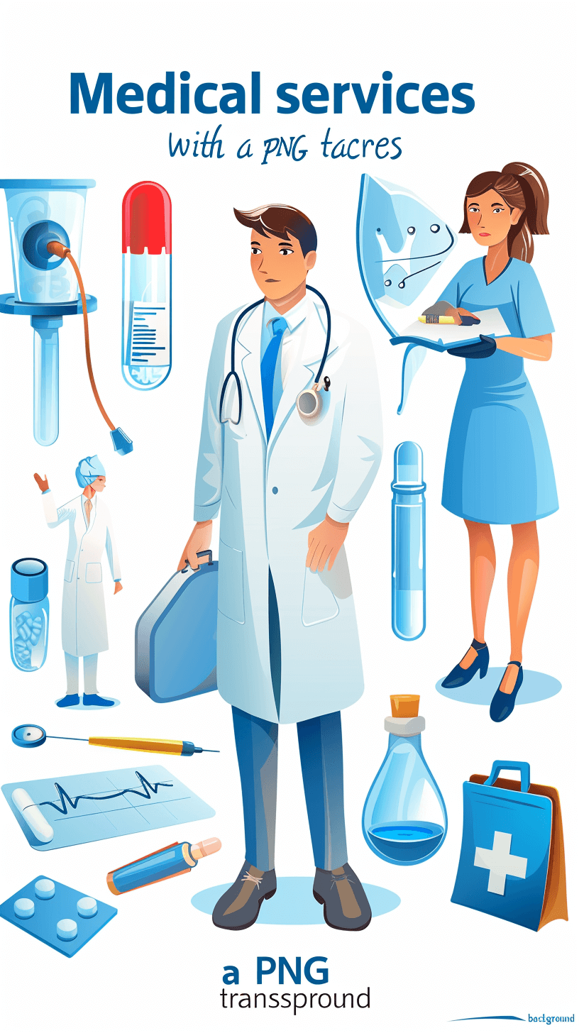 medical services with various equipment and people, “vector graphics, white background, clip art sticker style, png transparent or transalfred, professional doctor in the style of blue coat suit uniform standing among other elements such as first aid kit, gloves, test tube, stethoscope and IV bag with the text “ong exposure”, “GOOD inundation background”. A flat illustration in the style of adobe illustrator, 2D design, simple shapes, no shadow on bottom half. No gradient shading, flat color.