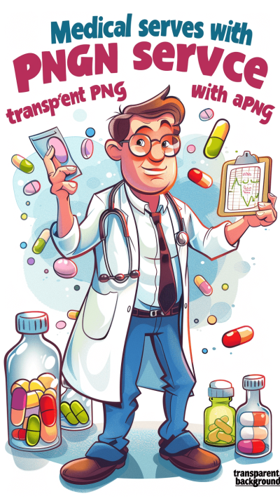 A cartoon style poster of "Medical serving with transparent PNG" featuring a happy doctor holding up medical equipment and pills, with a colorful background and vibrant colors creating a cheerful atmosphere. The text 'transparency png' is in bold letters at the top center, in the style of transparent PNG.