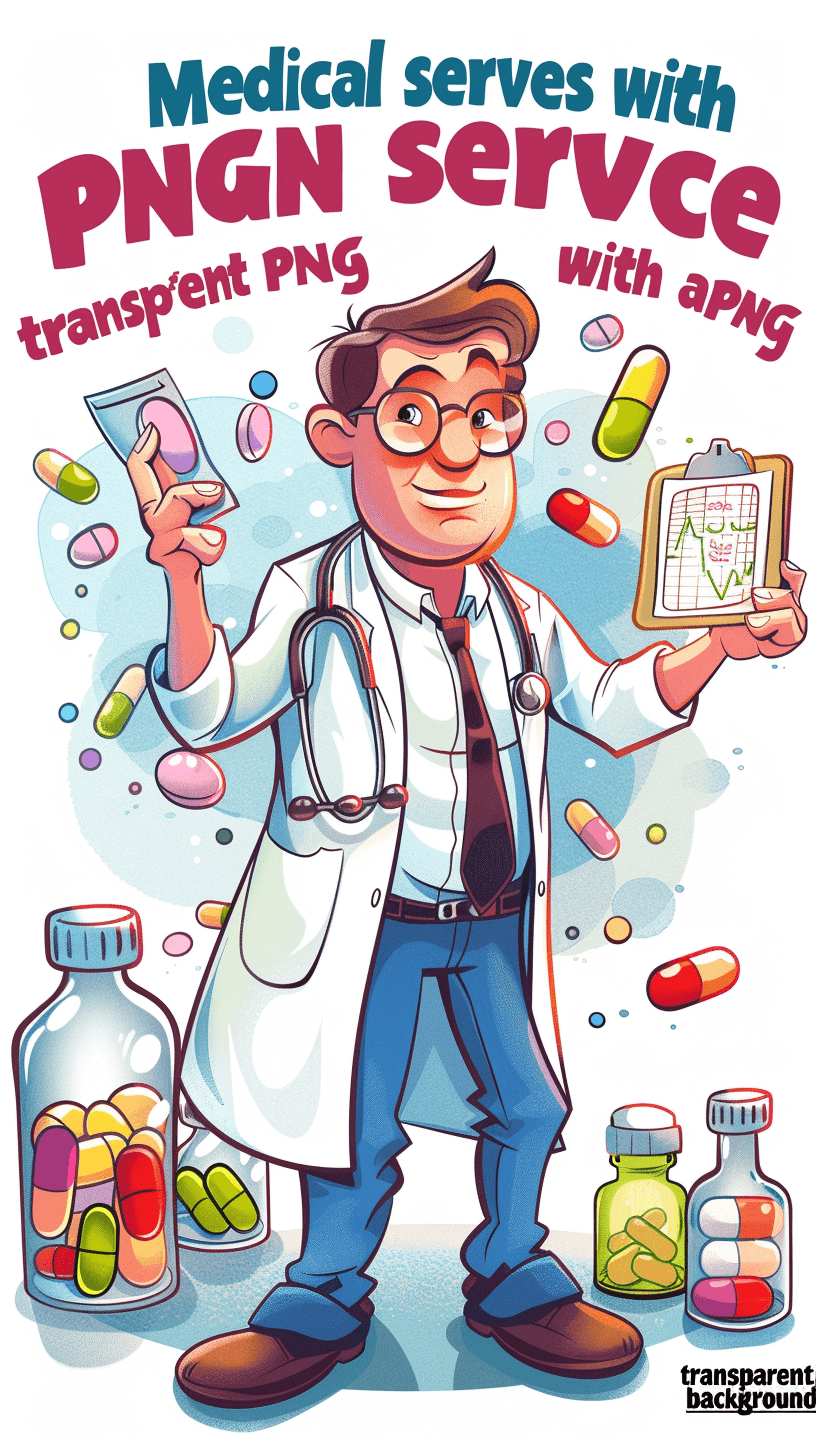 A cartoon style poster of “Medical serving with transparent PNG” featuring a happy doctor holding up medical equipment and pills, with a colorful background and vibrant colors creating a cheerful atmosphere. The text ‘transparency png’ is in bold letters at the top center, in the style of transparent PNG.