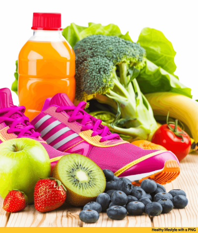 Charismatic healthy lifestyle with P.kerasnse " vivid colored running shoes, fruits and vegetables on wooden table, water bottle of orange juice and broccoli in the background, isolated white background, stock photo. Rephrased to say "in the style of P.kerasnse".