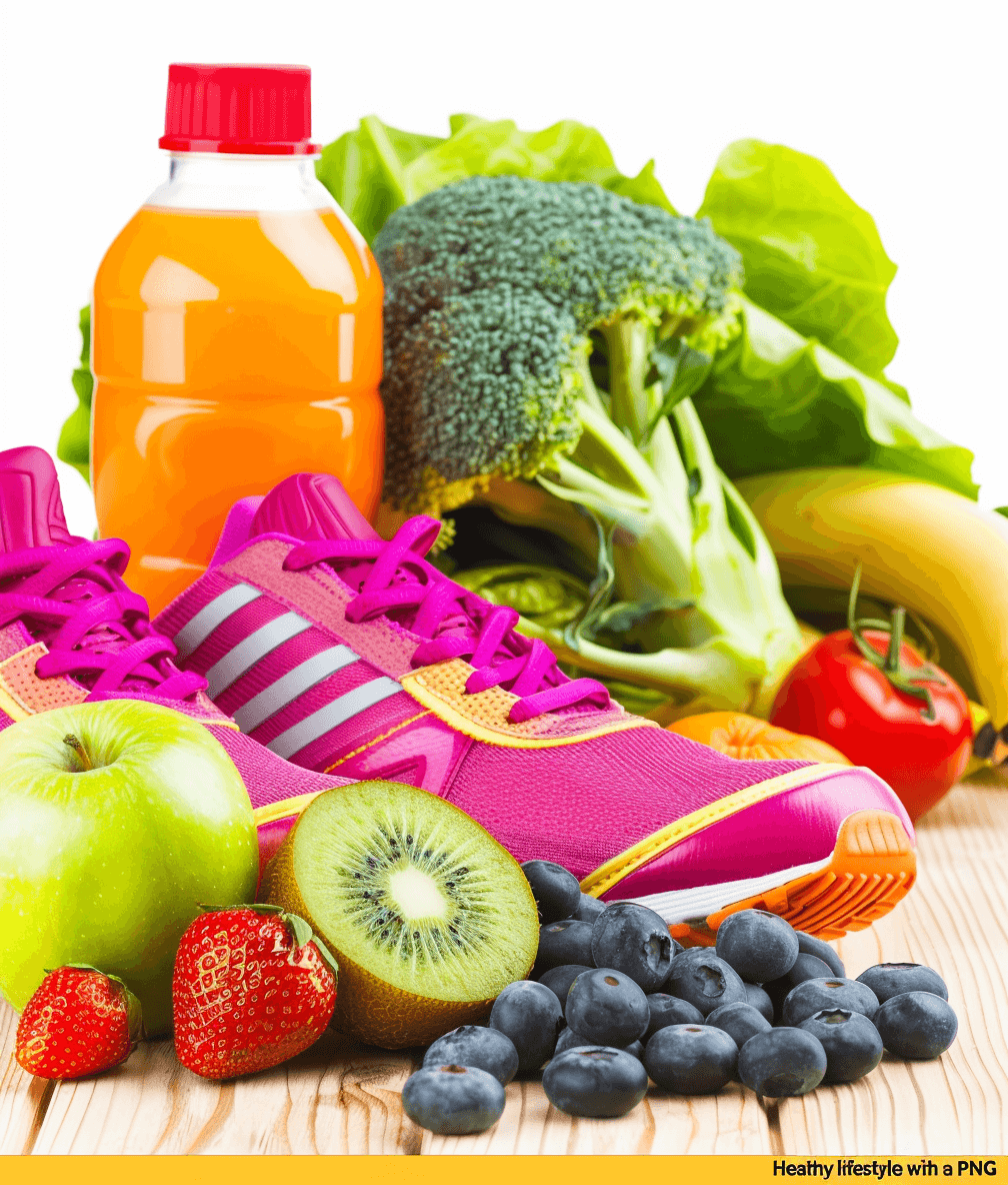 Charismatic healthy lifestyle with P.kerasnse ” vivid colored running shoes, fruits and vegetables on wooden table, water bottle of orange juice and broccoli in the background, isolated white background, stock photo. Rephrased to say “in the style of P.kerasnse”.