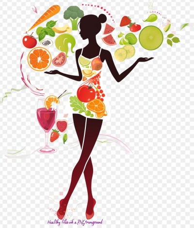 vector art, vector illustration with white background and simple shapes of woman silhouette wearing mini dress made out of fruits vegetables surrounded by healthy food items like watermelon orange juice red wine green leafy plants marbles all flying around her, clipart png style, transparent, high resolution