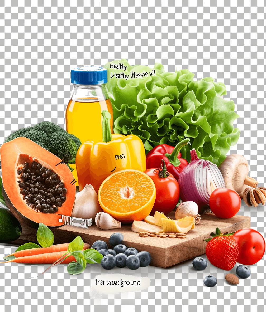 footage of healthy lifestyle with fruits and vegetables on transparent background , png, cutout, ultra realistic photography