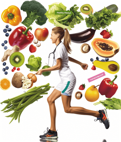 An illustration of a sportswoman running, surrounded by healthy food such as fruits and vegetables with corrected text. A doctor wearing white is also depicted in one corner, adding to the health theme. The background should be pure white for easy manipulation and a sticker style cutout. Ensure that all elements fit within the frame, highlighting their colors against the solid backdrop. Isolated on a black or transparent background in the style of a sticker.