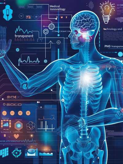 medical technology and science illustration of human anatomy with glowing light blue lines on transparent background, full body ,skeleton structure, showing muscles and joints including brain, heart and fingers, icons representing the process such as radio waves or frames in black font around it, featuring text "A visually appealing digital collage showcasing images related to 'Ambeezy' health tech service' with elements like an Xray scan forolepods, holographic projection and other technological symbols in the style of technological symbols.