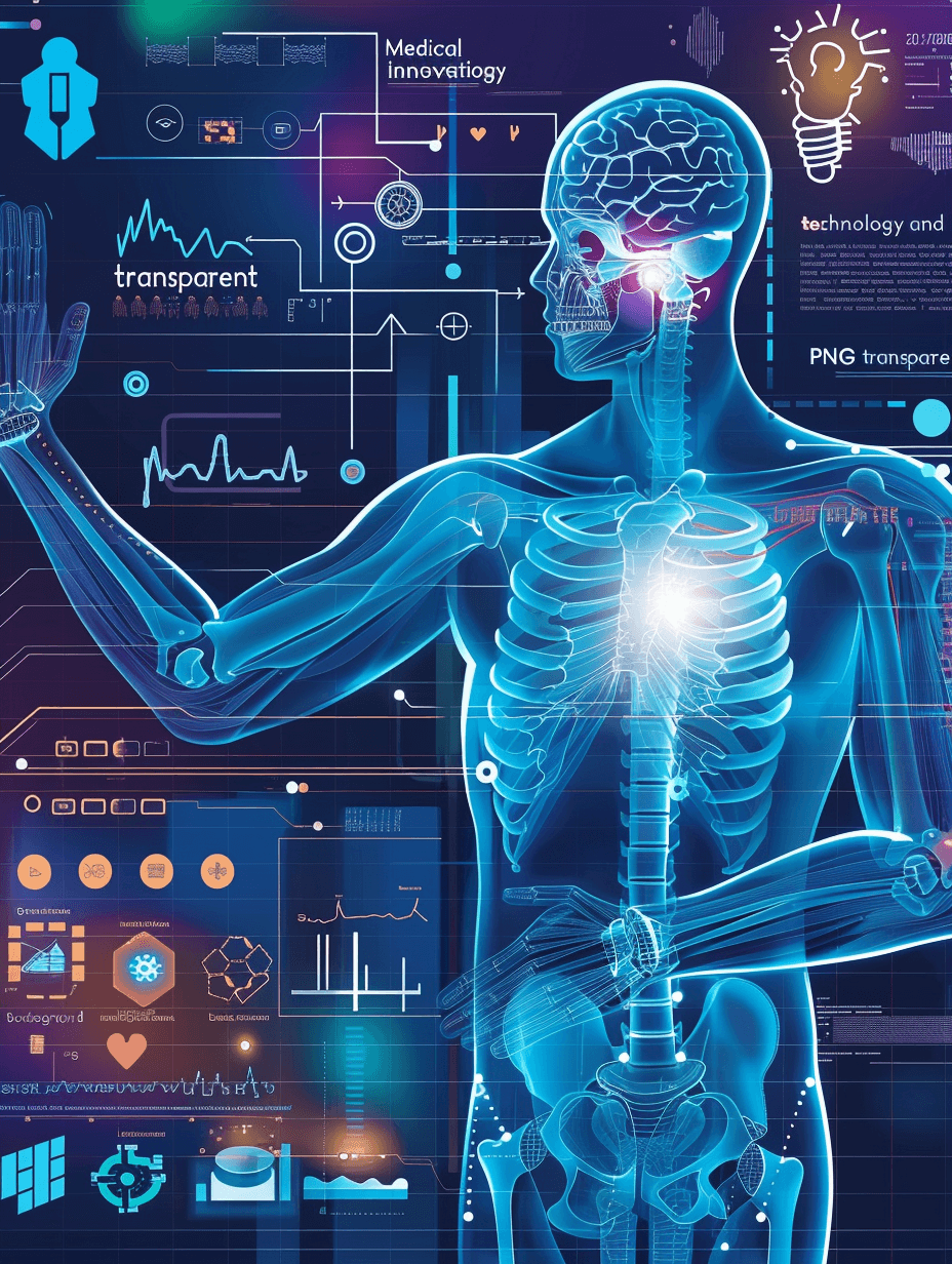 medical technology and science illustration of human anatomy with glowing light blue lines on transparent background, full body ,skeleton structure, showing muscles and joints including brain, heart and fingers, icons representing the process such as radio waves or frames in black font around it, featuring text “A visually appealing digital collage showcasing images related to ‘Ambeezy’ health tech service’ with elements like an Xray scan forolepods, holographic projection and other technological symbols in the style of technological symbols.