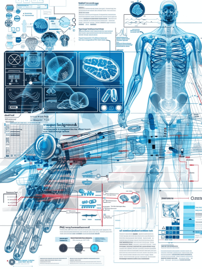 An infographic of the human body with medical data and scientific illustrations, showcasing anatomy and science content in a blue color theme. It includes images for muscle structure, skeleton details, octane render, high resolution, 3D model, white background, anatomy chart, and text callout. There is also an information panel on top displaying "diploma cyberpunk" in the style of text layout design. The overall style resembles a technology-inspired educational poster or infographic, with detailed illustrations.