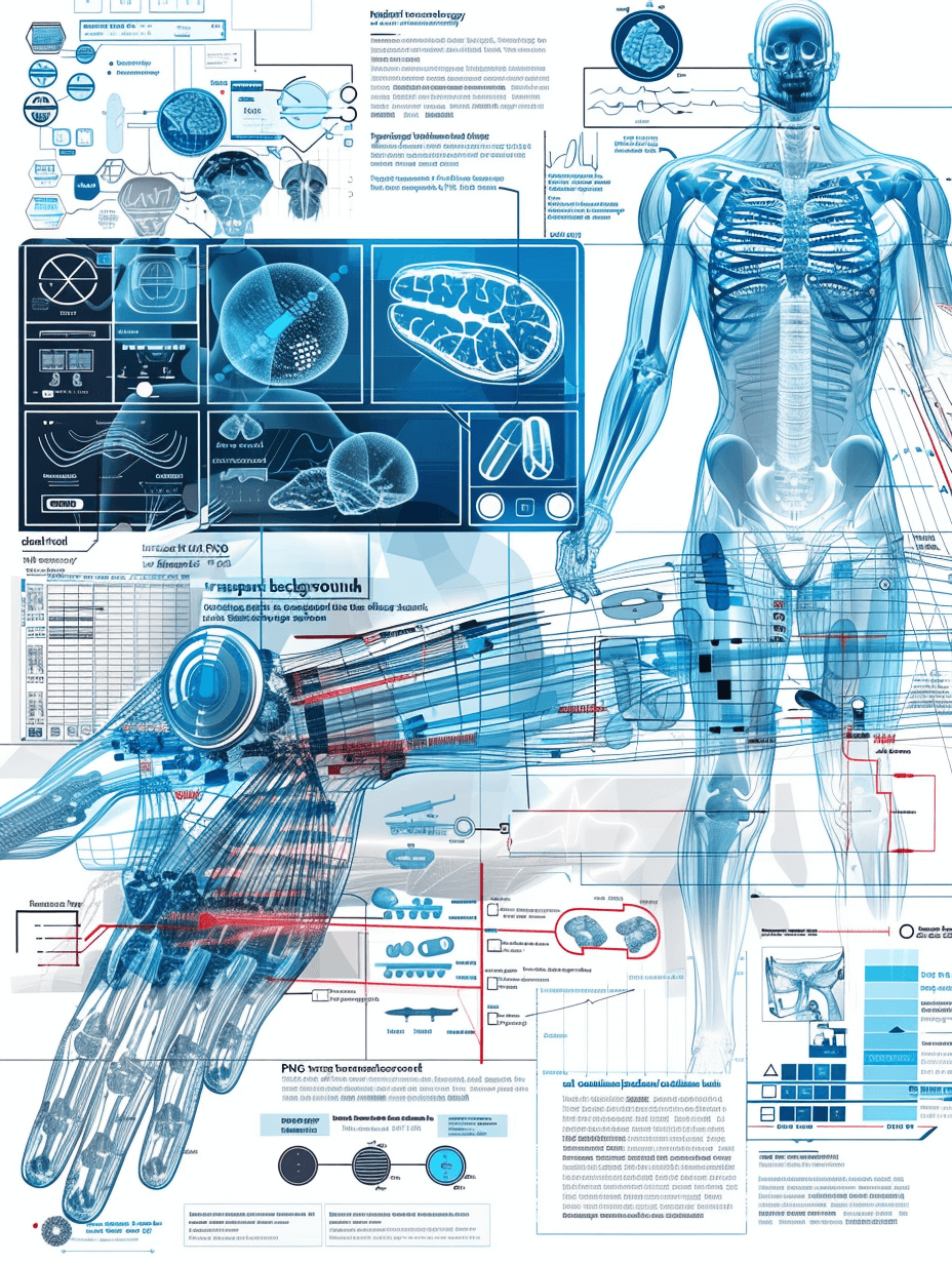 An infographic of the human body with medical data and scientific illustrations, showcasing anatomy and science content in a blue color theme. It includes images for muscle structure, skeleton details, octane render, high resolution, 3D model, white background, anatomy chart, and text callout. There is also an information panel on top displaying “diploma cyberpunk” in the style of text layout design. The overall style resembles a technology-inspired educational poster or infographic, with detailed illustrations.