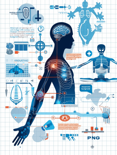 Many medical technological elements with human body silhouette and vector icons, including dimensional muscles for pain relief in the back area of ​​the head or neck from winged doing yoga poses on grid paper background." Vector illustration by [James Gilleard](https://goo.gl/search?artist%20James%20Gilleard), full details