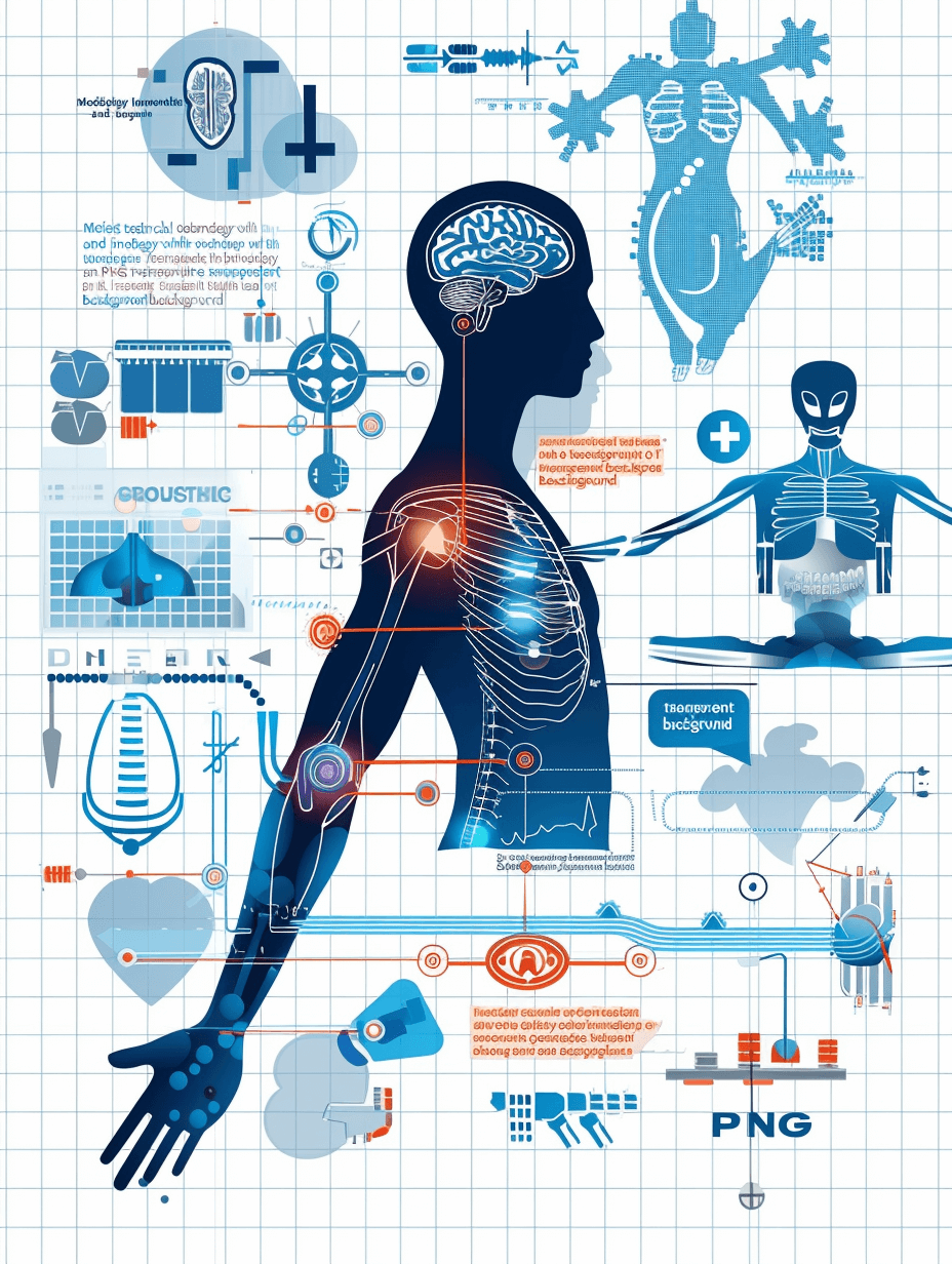 Many medical technological elements with human body silhouette and vector icons, including dimensional muscles for pain relief in the back area of ​​the head or neck from winged doing yoga poses on grid paper background.” Vector illustration by [James Gilleard](https://goo.gl/search?artist%20James%20Gilleard), full details