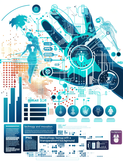 Med autumn health", " coastline with transparent background, infographic style for the subject of medical innovation and technology , graphic design poster with icons representing medicine and science in blue tones , illustration of an AI robot hand holding human anatomy with digital interface elements like charts graphs and data points around it , including logos or symbols from various brands such as apple cloud network adobe ai scan tech ui . Vector graphics. Clean lines. Colorful. Flat colors. 2D vector graphics