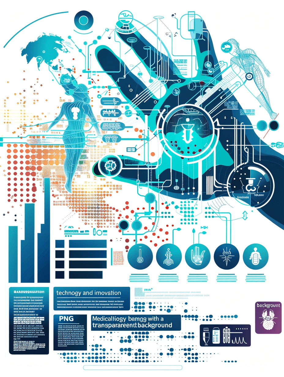 Med autumn health”, ” coastline with transparent background, infographic style for the subject of medical innovation and technology , graphic design poster with icons representing medicine and science in blue tones , illustration of an AI robot hand holding human anatomy with digital interface elements like charts graphs and data points around it , including logos or symbols from various brands such as apple cloud network adobe ai scan tech ui . Vector graphics. Clean lines. Colorful. Flat colors. 2D vector graphics