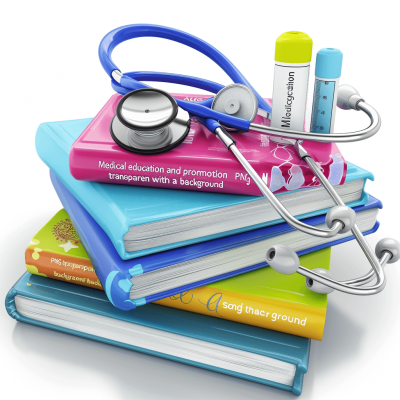 medical education and promotion with background "books, stethoscope, tube clipart on white isolated background, high resolution photography, insanely detailed in the style of various artists.