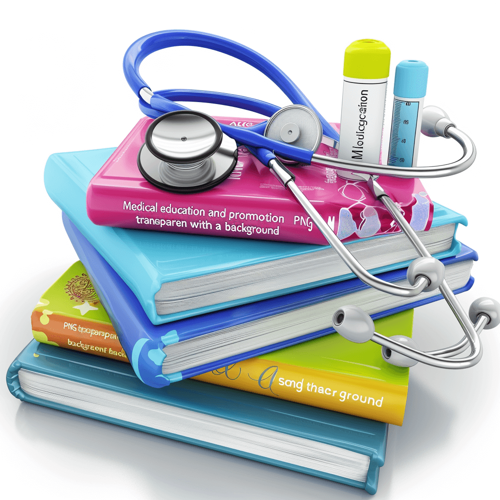 medical education and promotion with background “books, stethoscope, tube clipart on white isolated background, high resolution photography, insanely detailed in the style of various artists.