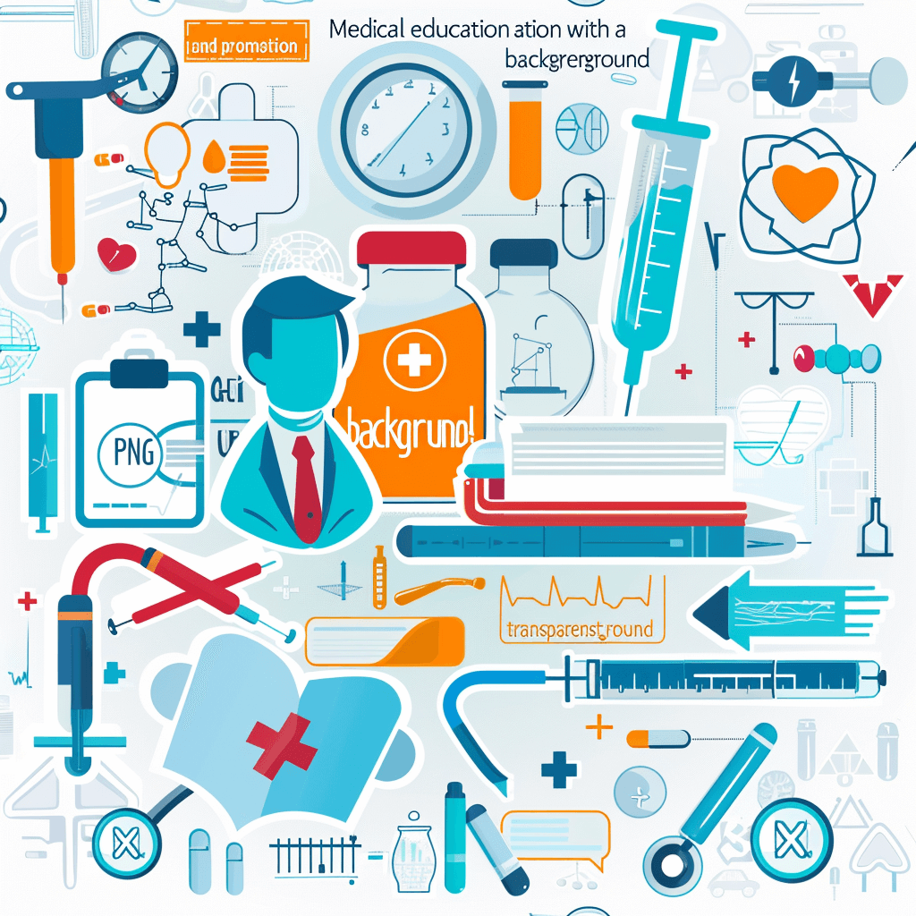 The medical education illustration features a doctor and medical equipment on a white background in the style of a vector background. It uses simple flat icons, shapes, medical symbols and healthcare elements in a professional style. The color palette is blue tones with accents of orange or red. It is a vector design intended for educational materials.