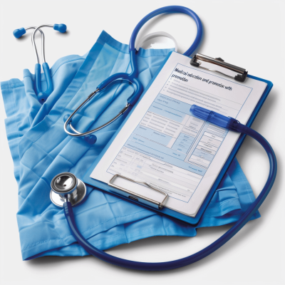 medical education and promotional material with clip board, stethoscope , blue on white background." . Shot by Nikon D850 with an 2470mm f/32 lens in photorealistic style hard light, ultra detailed photography, hyper realistic photograph, cinematic shot on IMAX laser, natural lighting, intricate details