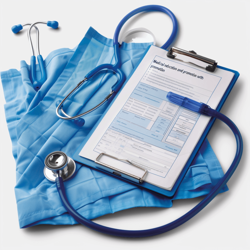 medical education and promotional material with clip board, stethoscope , blue on white background.” . Shot by Nikon D850 with an 2470mm f/32 lens in photorealistic style hard light, ultra detailed photography, hyper realistic photograph, cinematic shot on IMAX laser, natural lighting, intricate details