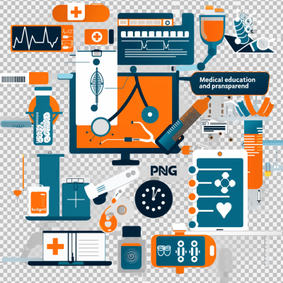 medical education and training " vector icons, digital collage of health care elements such as computers, test tubes, stethoscope , health symbols in orange blue color palette on transparent background, digital art style, vector illustration