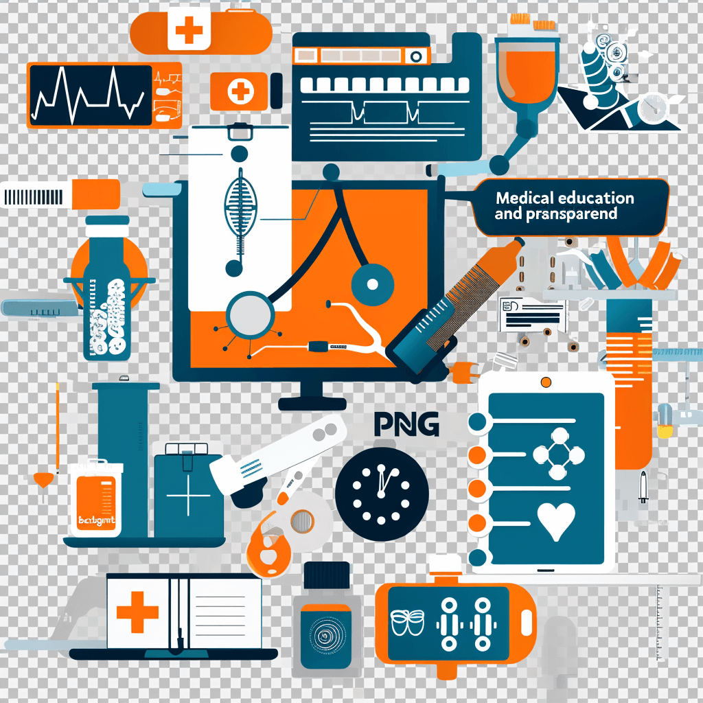 medical education and training ” vector icons, digital collage of health care elements such as computers, test tubes, stethoscope , health symbols in orange blue color palette on transparent background, digital art style, vector illustration